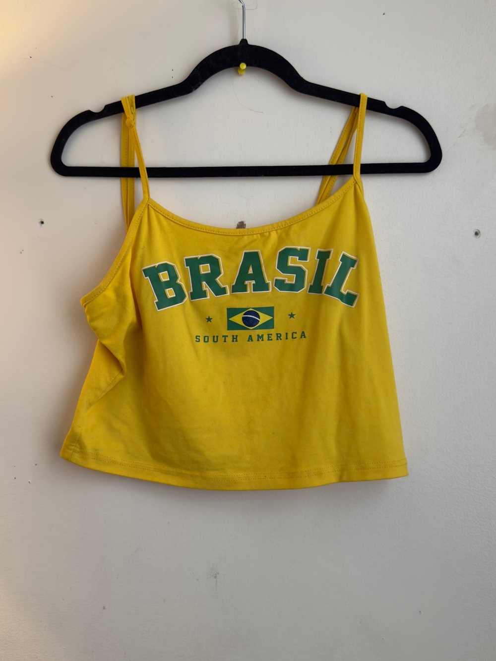 Brasil Yellow Graphic Spaghetti Strap Crop Top
